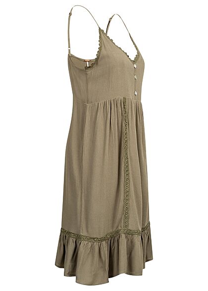 Aiki Dames Viscose jurk met knopen en gehaakte bies olijfgroen