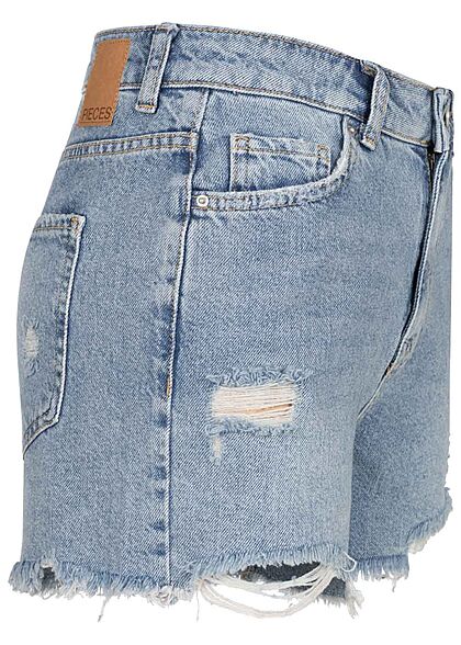 Pieces Dames NOOS Jeans Korte broek met 5 zakken en franjes lichtblauw denim