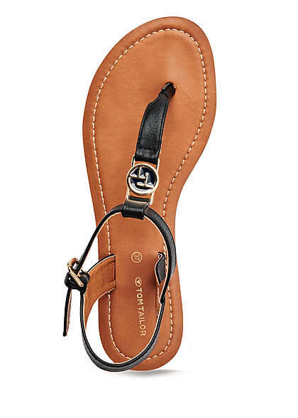 Tom Tailor Dames Sandalen van kunstleder met logo embleem zwart