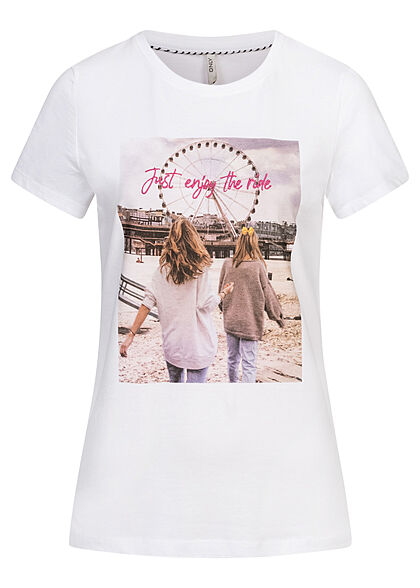 ONLY Dames T-Shirt met reuzenrad opdruk wit roze