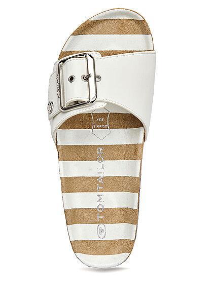 Tom Tailor Damen Schuh flache Sandale aus Kunstleder mit Schnalle weiss