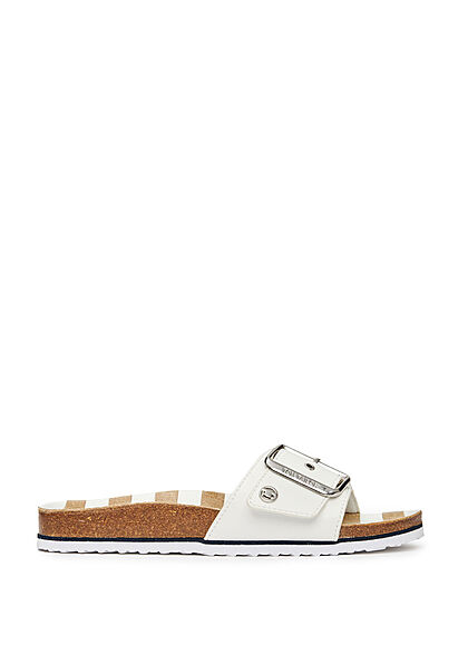 Tom Tailor Damen Schuh flache Sandale aus Kunstleder mit Schnalle weiss