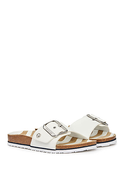 Tom Tailor Damen Schuh flache Sandale aus Kunstleder mit Schnalle weiss