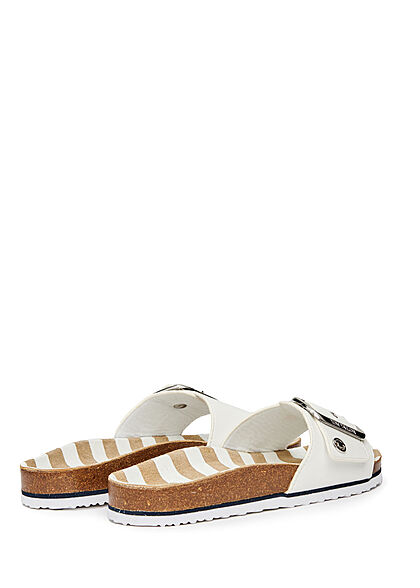 Tom Tailor Damen Schuh flache Sandale aus Kunstleder mit Schnalle weiss