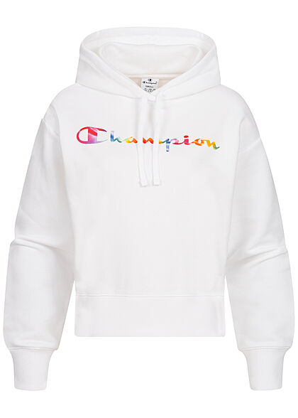 Champion Damen Hoodie mit Logo Multicolor Print Kapuze & Tunnelzug weiss mc