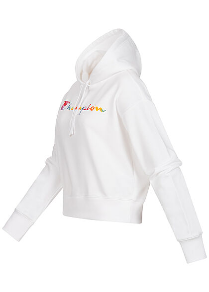Champion Damen Hoodie mit Logo Multicolor Print Kapuze & Tunnelzug weiss mc