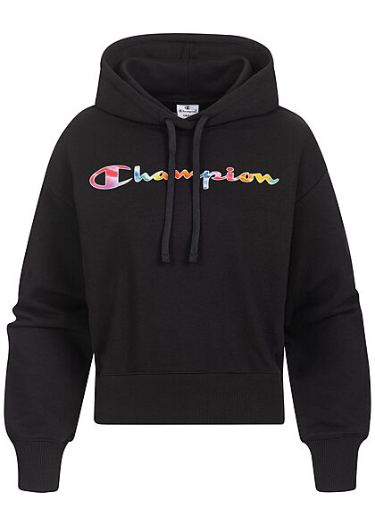 Champion Damen Hoodie mit Logo Multicolor Print Kapuze & Tunnelzug schwarz mc