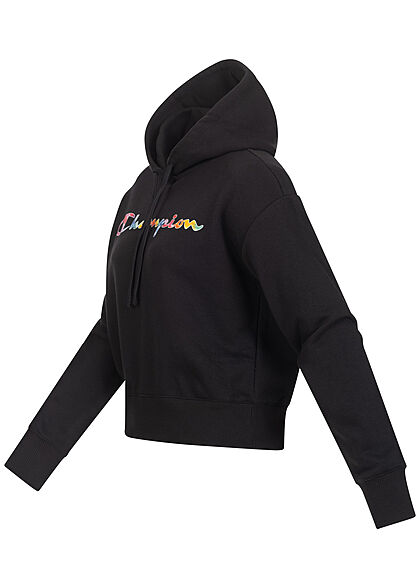 Champion Damen Hoodie mit Logo Multicolor Print Kapuze & Tunnelzug schwarz mc