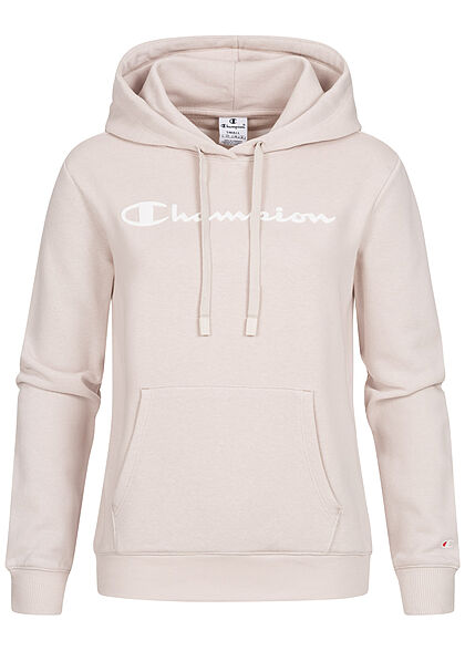 Champion Damen Hoodie mit Logo Print Kapuze Tunnelzug & Kängurutasche beige grau