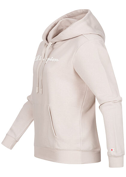 Champion Damen Hoodie mit Logo Print Kapuze Tunnelzug & Kängurutasche beige grau