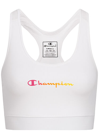 Champion Damen Performance Crop Tank Top Bra Logo Print weiss mc
