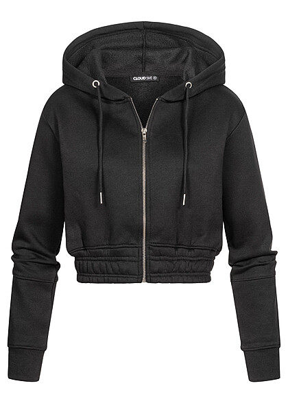 Cloud5ive Dames Cropped Sweat Jacket Hoodie met rits en brede tailleband zwart - Art.-Nr.: 22038159