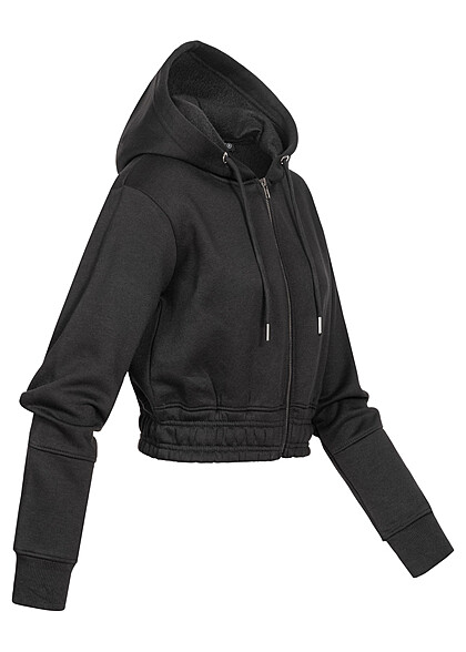 Cloud5ive Dames Cropped Sweat Jacket Hoodie met rits en brede tailleband zwart