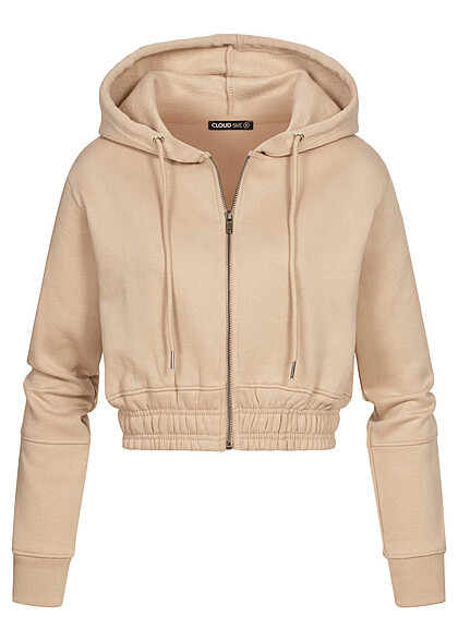 Cloud5ive Dames Cropped Sweat Jacket Hoodie met rits en brede tailleband beige - Art.-Nr.: 22038160