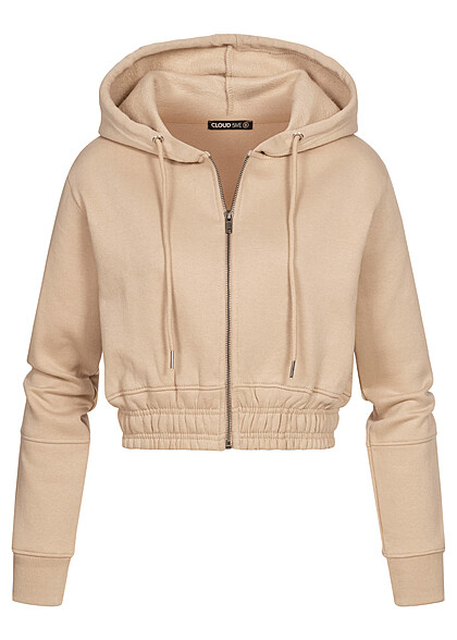 Cloud5ive Dames Cropped Sweat Jacket Hoodie met rits en brede tailleband beige