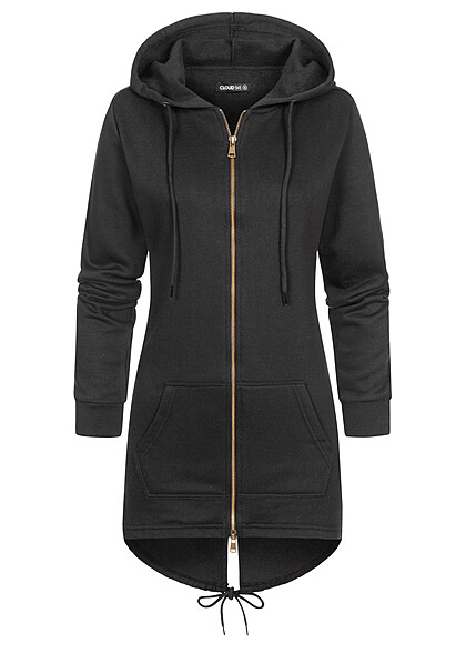 Cloud5ive Dames Longform Hoodie met rits en 2-Pockets mullet zwart - Art.-Nr.: 22038162