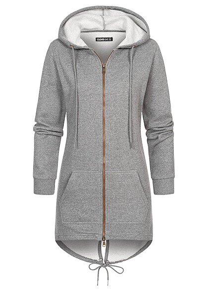 Cloud5ive Dames Longform Hoodie met rits en 2-Pockets mullet grey - Art.-Nr.: 22038163