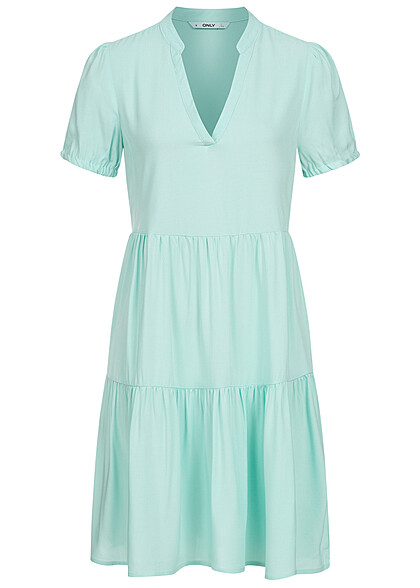ONLY Dames Viscose Jurk met volant en V-hals pastelturquoise