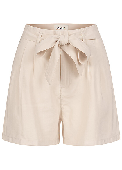 ONLY Dames Korte broek met hoge taille en bindceintuur beige