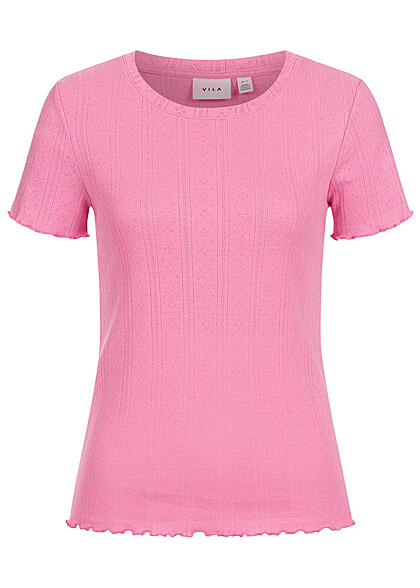 VILA Dames T-shirt met ruches en gaatjespatroon roze