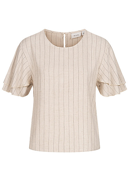 VILA Dames Viscose Blouse met V-Hals en 1/2 mouwen beige zwart