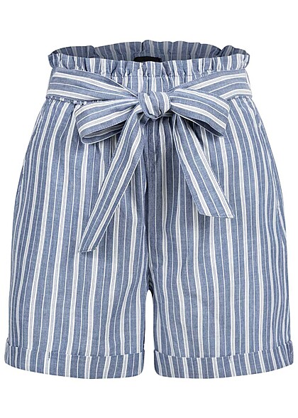 Vero Moda Dames Korte broek met bindceintuur en strepen blauw wit