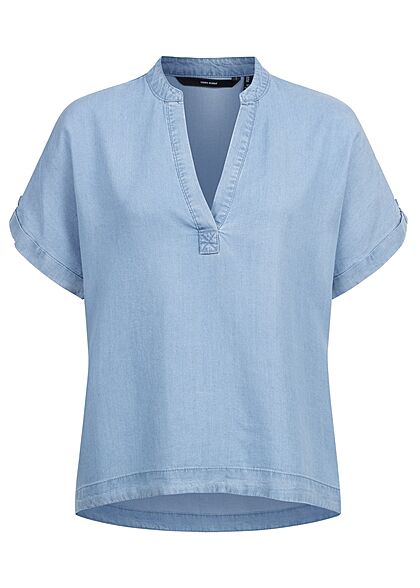 Vero Moda Damen T-Shirt Top mit V-Neck Umschlagrmel hell blau denim