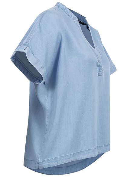 Vero Moda Damen T-Shirt Top mit V-Neck Umschlagrmel hell blau denim