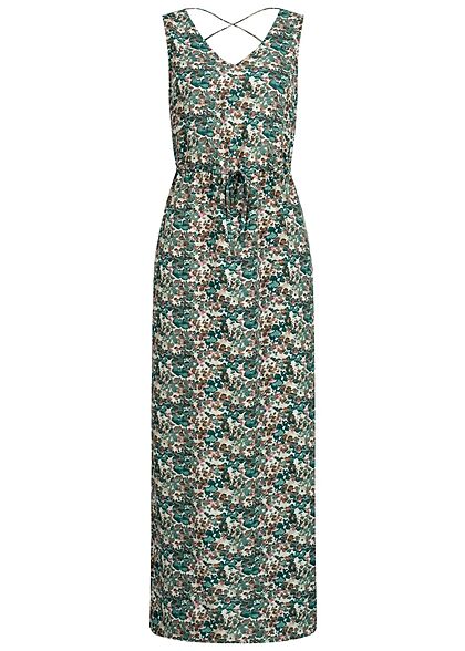 Vero Moda Damen Maxi Kleid mit V-Neck und Bindedetail All Over Print sea moss grün