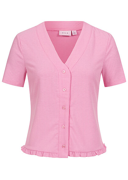 VILA Damen V-Neck Struktur Cardigan mit Knopfleiste & Frilldetails fuchsia pink