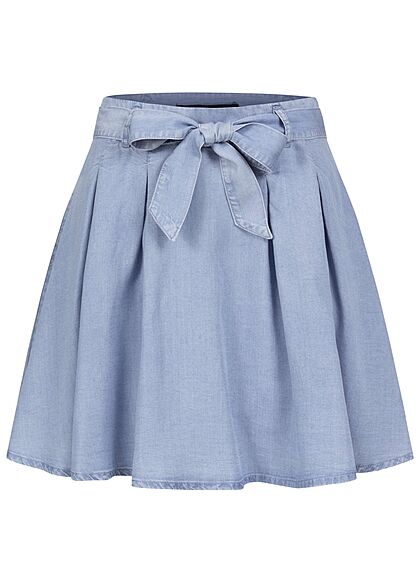 Vero Moda Damen kurzer High-Waist Denim Faltenrock mit Bindegürtel hell blau