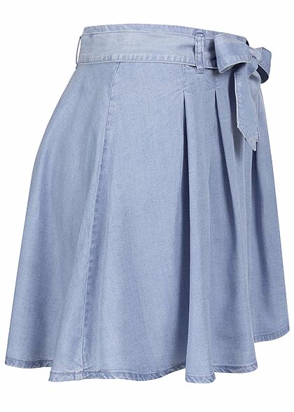 Vero Moda Damen kurzer High-Waist Denim Faltenrock mit Bindegürtel hell blau