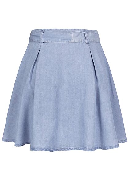Vero Moda Damen kurzer High-Waist Denim Faltenrock mit Bindegürtel hell blau