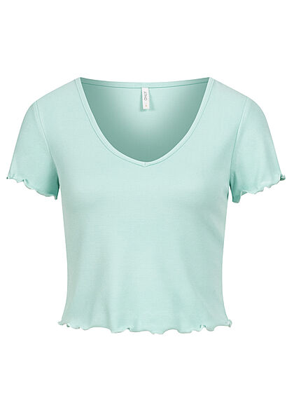 ONLY Damen Ribbed V-Neck Crop Top T-Shirt mit Frilldetails pastel türkis