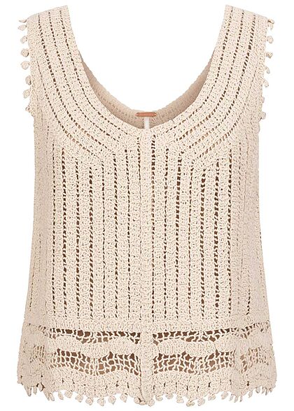 Aiki Damen V-Neck Grobstrick Häkeltop beige