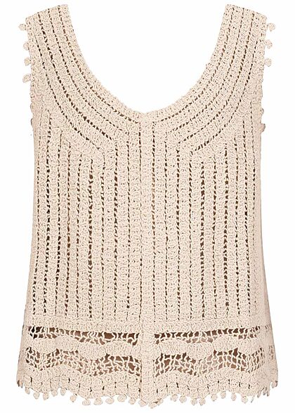 Aiki Damen V-Neck Grobstrick Häkeltop beige
