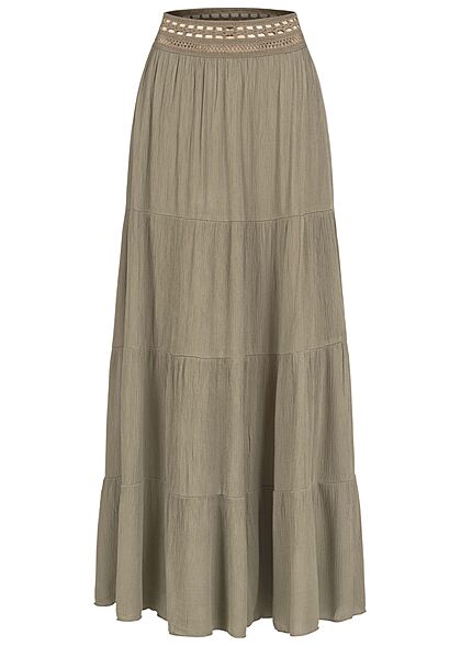 Aiki Damen High-Waist Longform Viskose Rock mit Häkelbesatz am Bund oliv