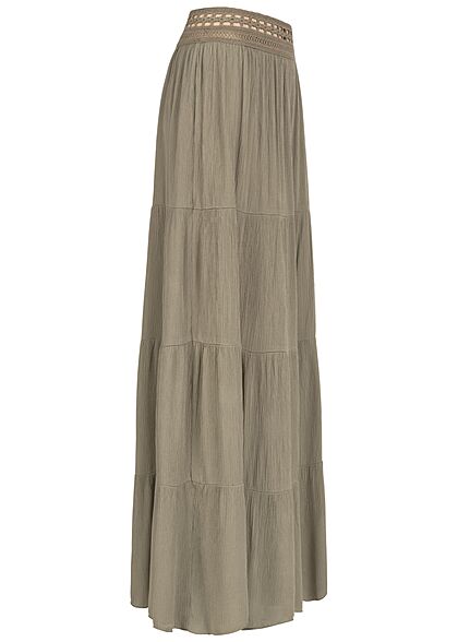 Aiki Damen High-Waist Longform Viskose Rock mit Häkelbesatz am Bund oliv
