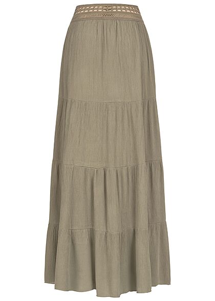 Aiki Damen High-Waist Longform Viskose Rock mit Häkelbesatz am Bund oliv