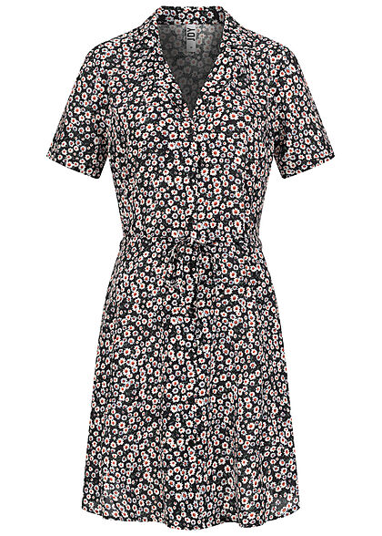 JDY by ONLY Damen Kleid Viskose Blusenkleid mit V-Neck Blumen Muster schwarz weiss