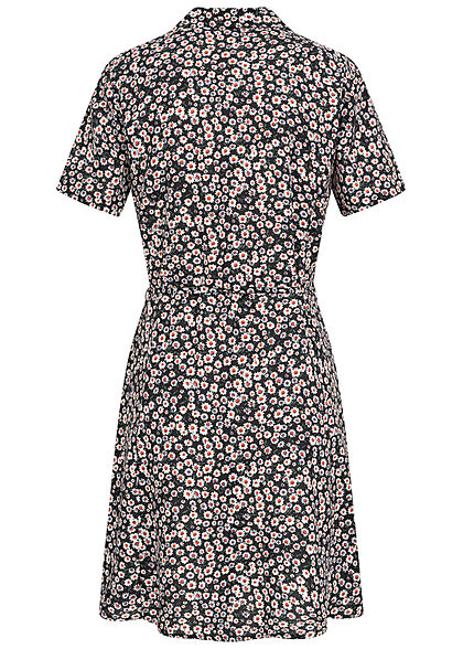 JDY by ONLY Damen Kleid Viskose Blusenkleid mit V-Neck Blumen Muster schwarz weiss