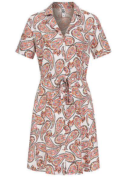 JDY by ONLY Damen Kleid Viskose Blusenkleid mit V-Neck Paisley Print weiss orange