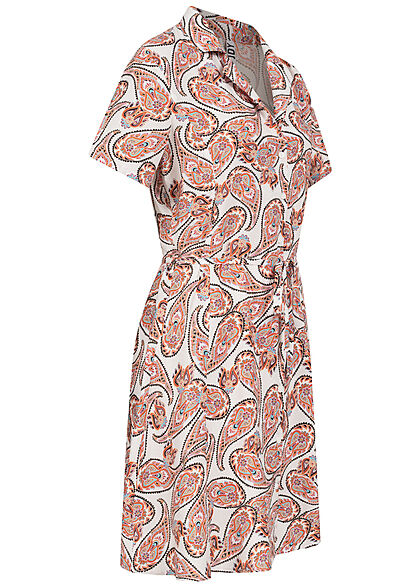 JDY by ONLY Damen Kleid Viskose Blusenkleid mit V-Neck Paisley Print weiss orange
