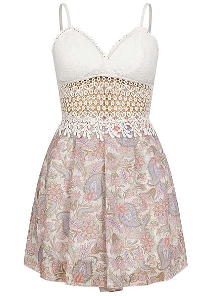 Aiki Damen kurzer Spitzen Playsiut mit Häkelbesatz mit Paisley Print off weiss
