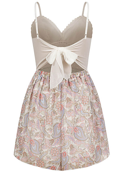 Aiki Damen kurzer Spitzen Playsiut mit Häkelbesatz mit Paisley Print off weiss