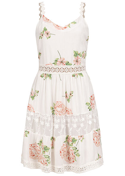 Aiki Damen Sommer V-Neck Häkelkleid mit Spitze 2-lagig Blumen Print off weiss mc