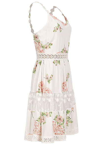 Aiki Damen Sommer V-Neck Häkelkleid mit Spitze 2-lagig Blumen Print off weiss mc