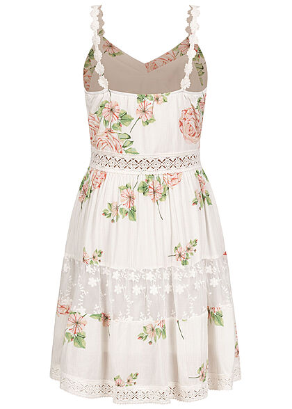 Aiki Damen Sommer V-Neck Häkelkleid mit Spitze 2-lagig Blumen Print off weiss mc