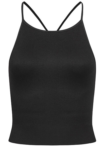 ONLY Damen Ribbed High-Neck Strap Crop Top mit Kreuzdetail hinten schwarz