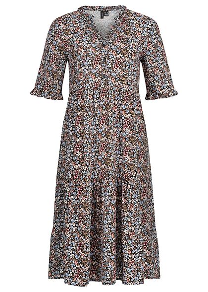 Vero Moda Damen Viscose Kleid mit Knopfleiste und V-Neck Blumen Print schwarz multic.